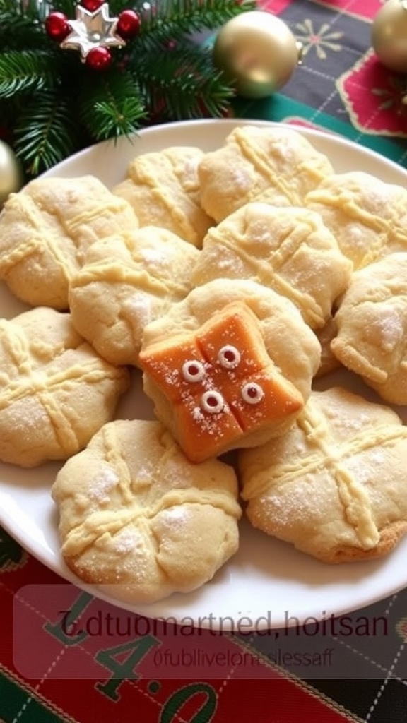 A plate of golden brown Christmas cookies dusted with powdered sugar on a festive tablecloth.